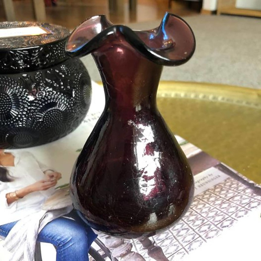 Vintage Amethyst Handblown Crackle Glass Miniature Ruffle Rim Vase